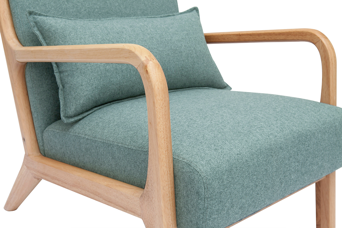 Fauteuil scandinave en tissu vert de gris et bois clair massif DERRY