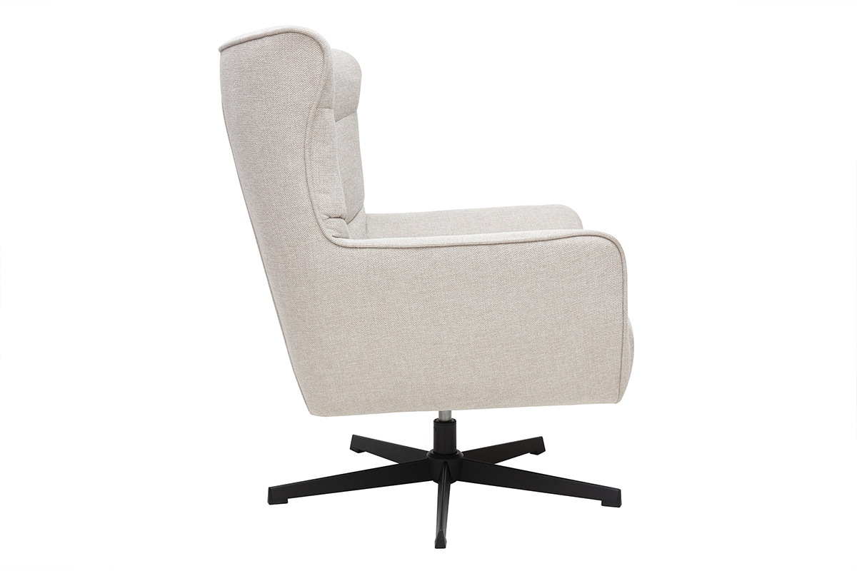 Fauteuil scandinave pivotant beige, vue de ct, pieds en mtal noir.