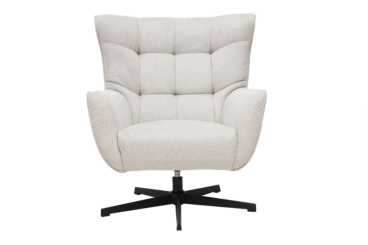 Fauteuil scandinave pivotant beige avec pitement en mtal noir, vue de face.