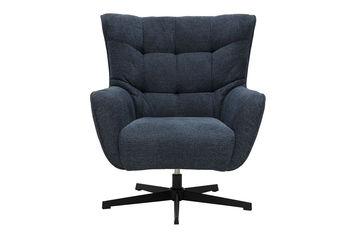 Fauteuil scandinave bleu fonc, vue de face, pieds en mtal noir.