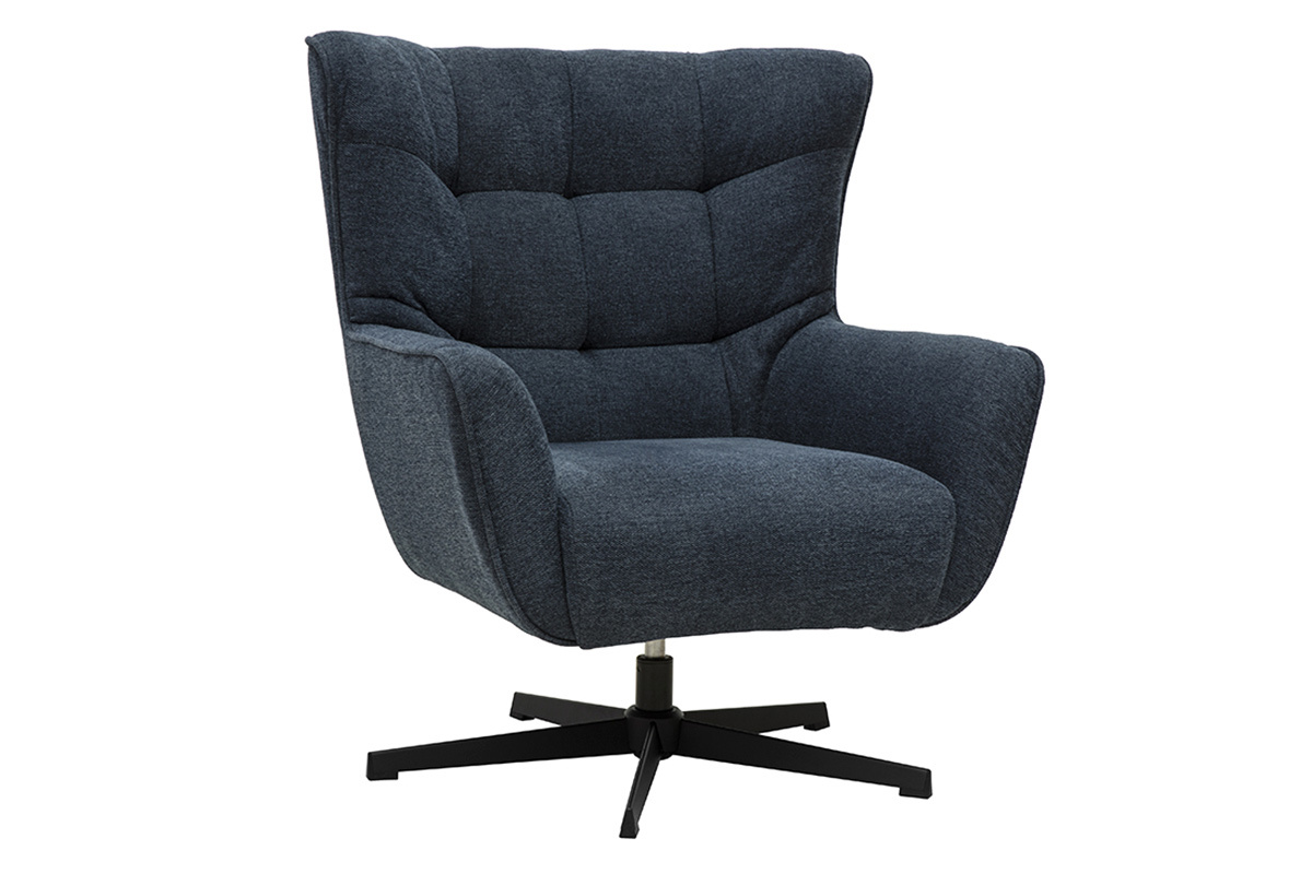Fauteuil pivotant scandinave bleu fonc en tissu textur avec pieds en mtal noir. Vue de trois-quarts.