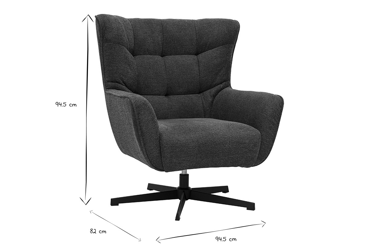 Fauteuil scandinave noir et blanc avec dimensions indiques.