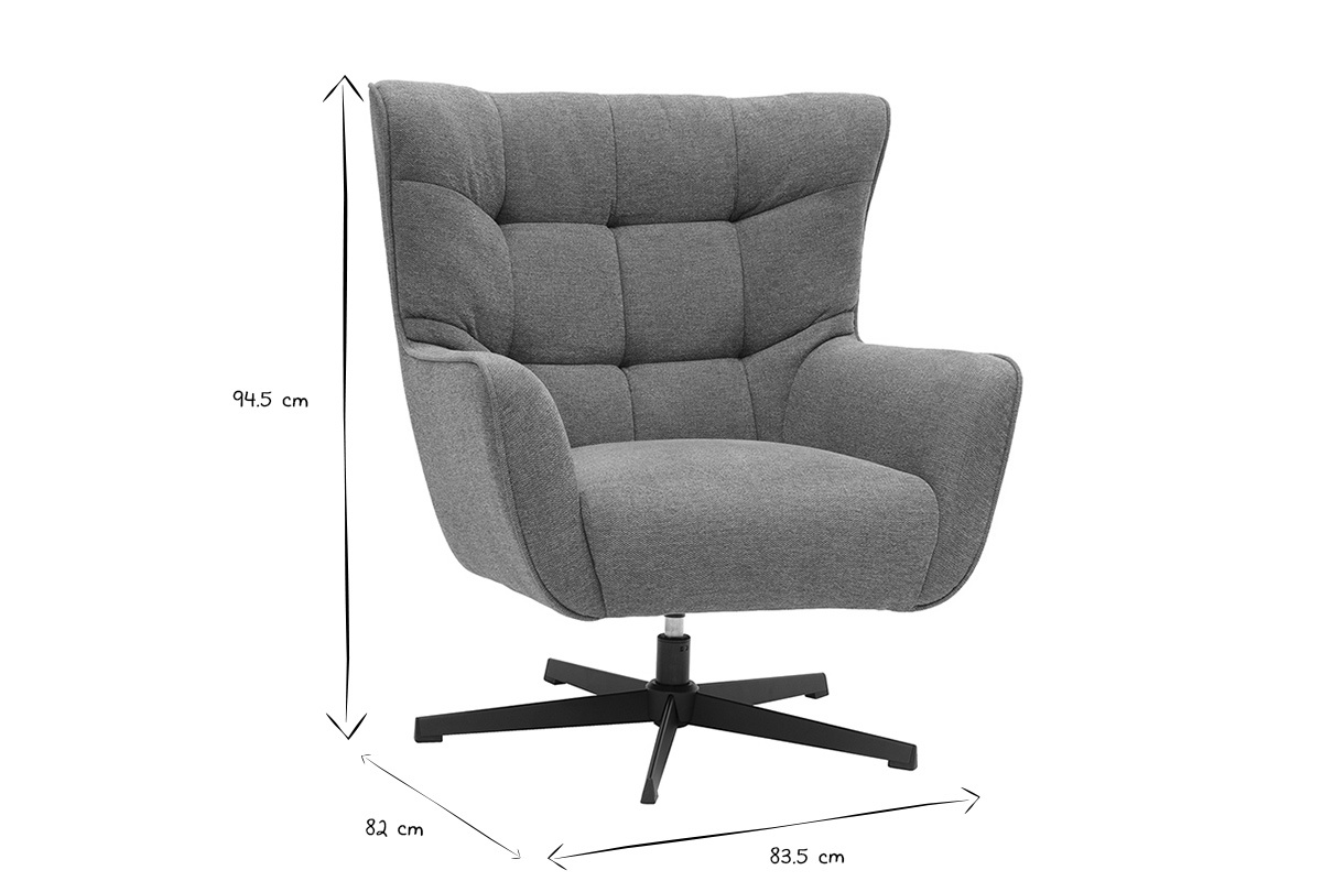 Dimensions fauteuil pivotant en noir et blanc : hauteur 94,5 cm, largeur 83,5 cm, profondeur 82 cm.