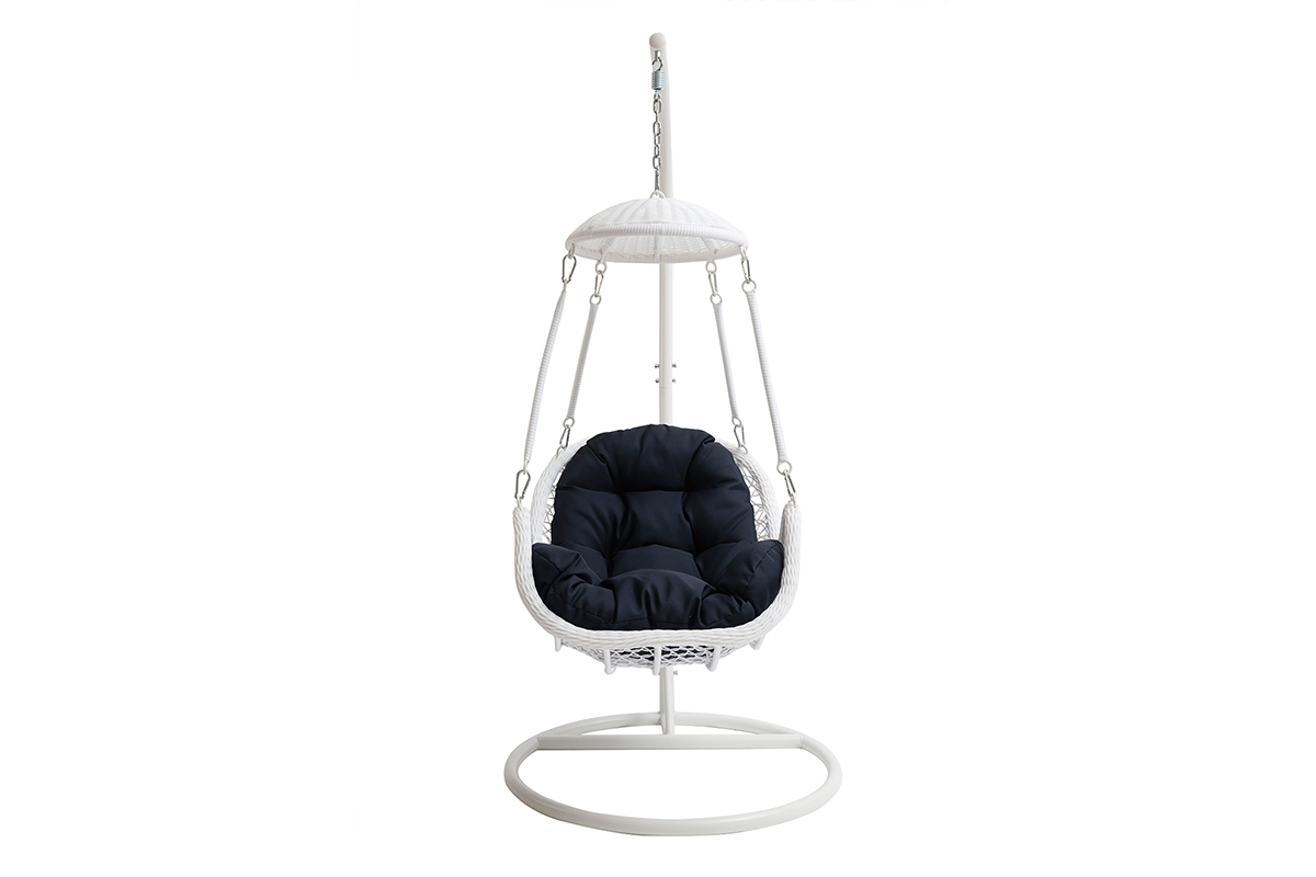 Fauteuil suspendu m�tal blanc et tissu bleu fonc� BALI