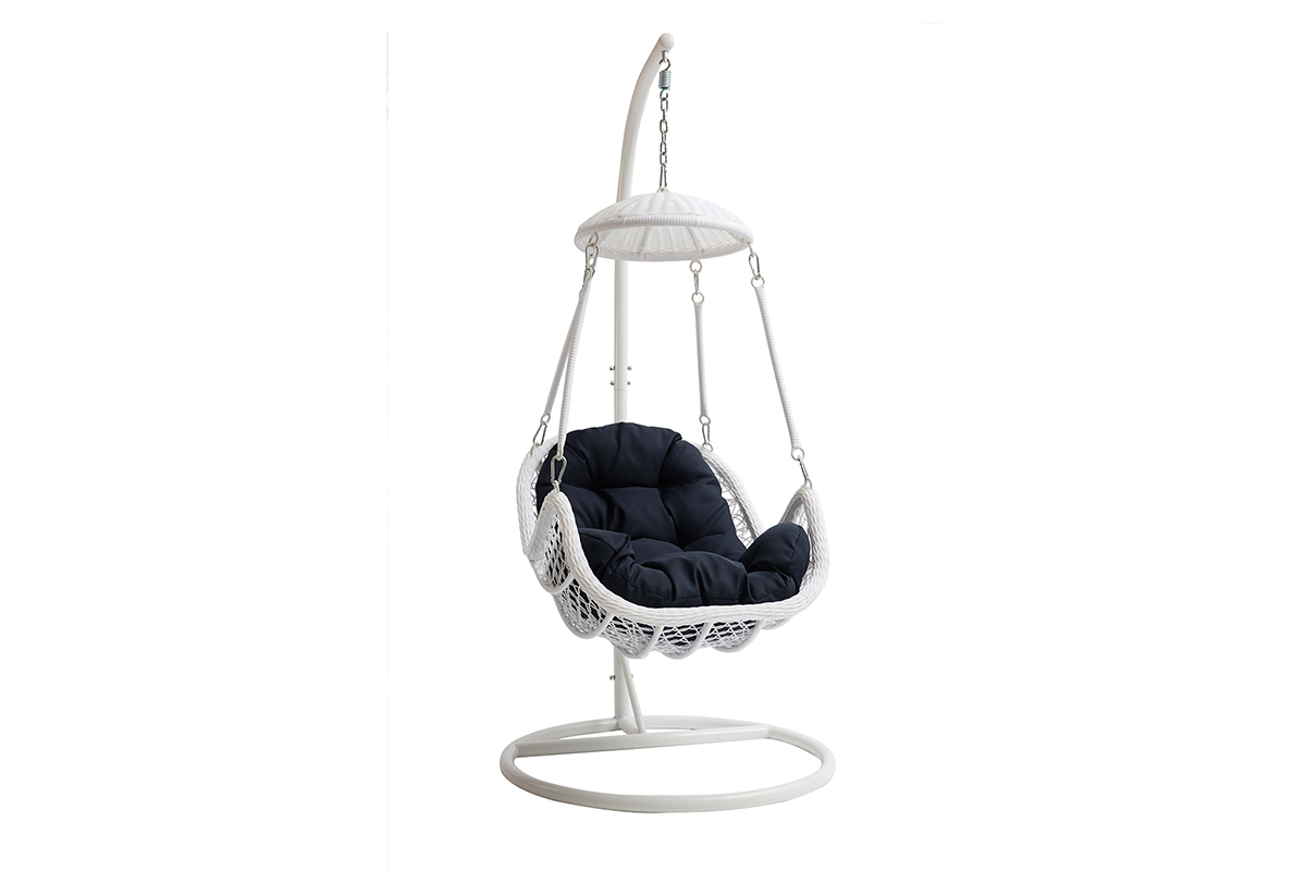 Fauteuil suspendu m�tal blanc et tissu bleu fonc� BALI