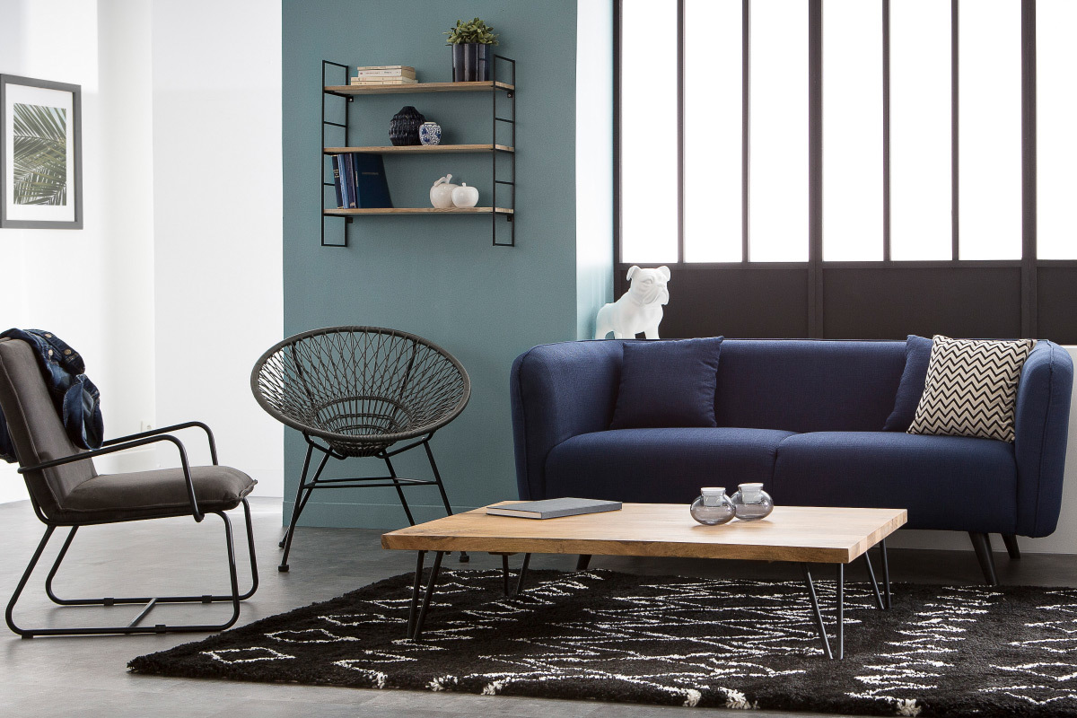 Fauteuil vintage gris anthracite et structure m�tal noir MERCY