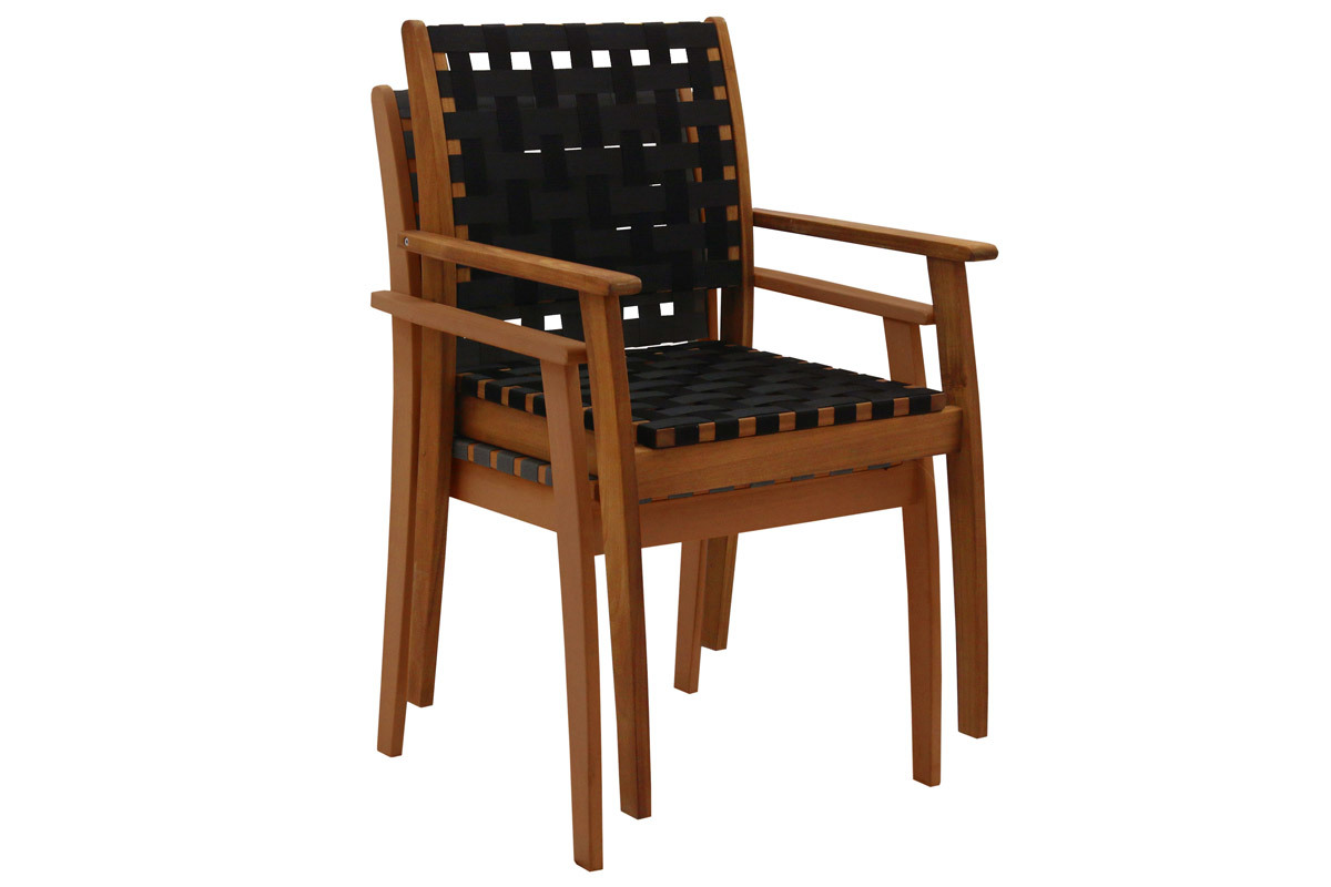 Fauteuils de jardin empilables sangles noires et bois massif (lot de 2) KHASHA