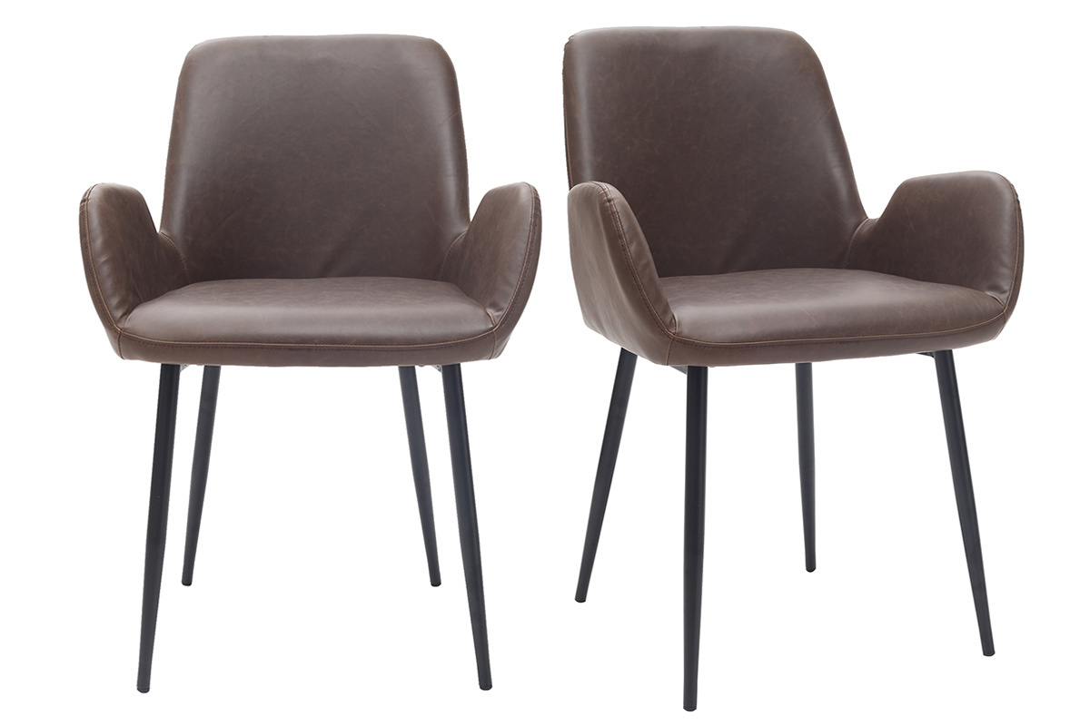 Fauteuils vintage marron fonc� avec pieds m�tal noirs (lot de 2) TIKA