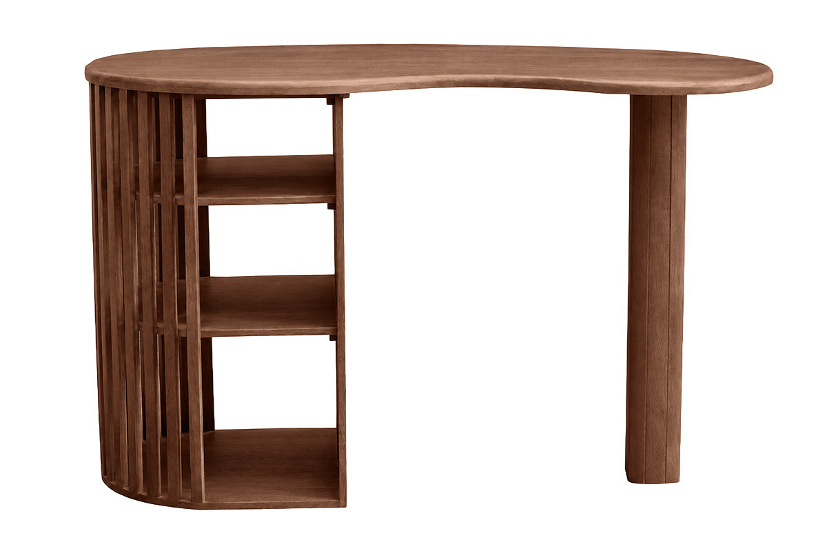 Table de bar LOBIO en bois fonc� avec rangements, �pais plateau arrondi, vue de face.