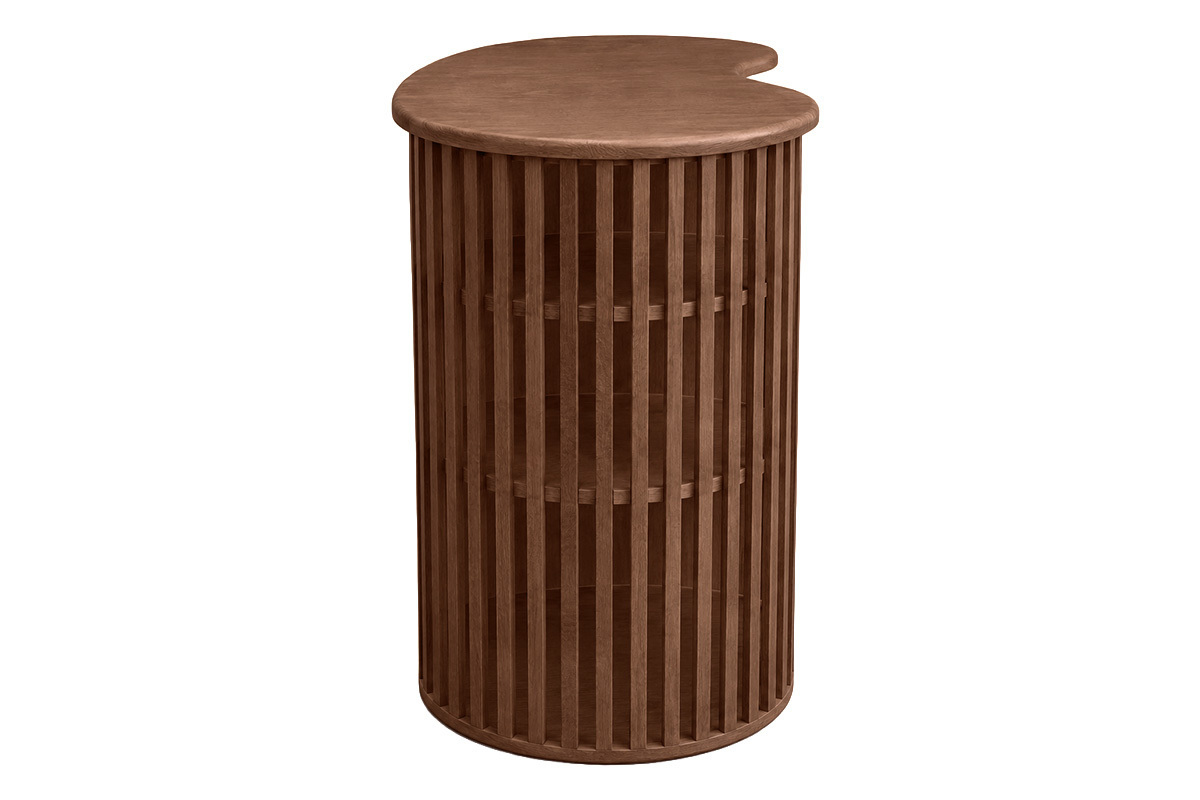 Table de bar ronde en bois fonc� avec rangements, design organique et lignes arrondies.