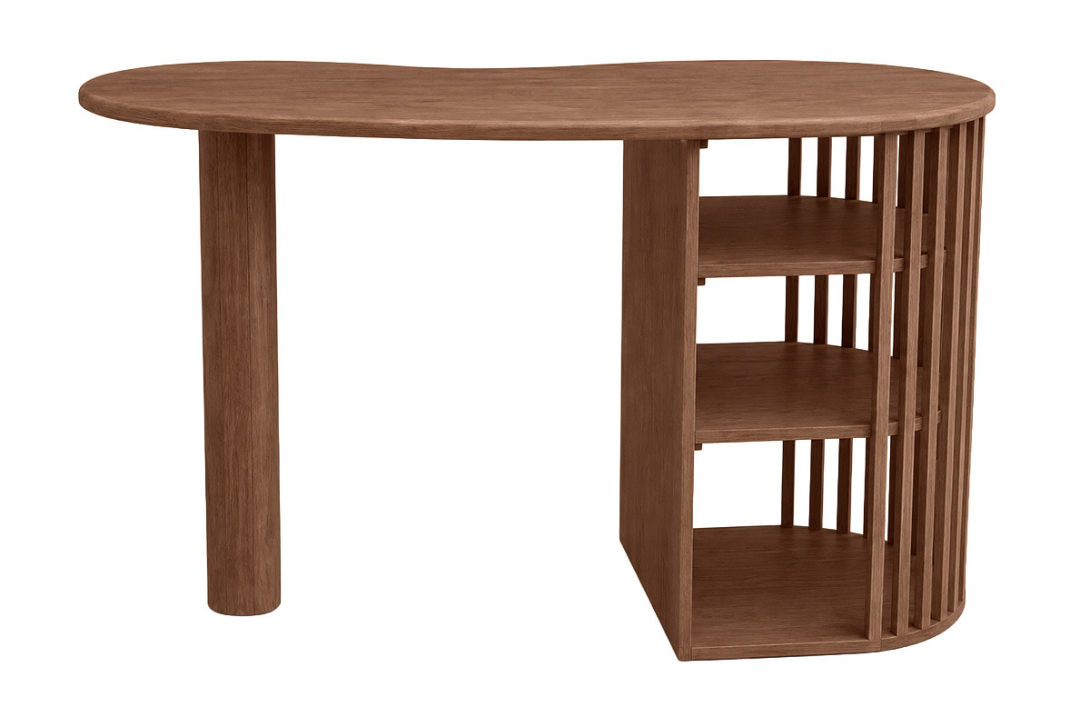 Table de bar en manguier massif avec rangements, vue de dos, plateau arrondi, style moderne.