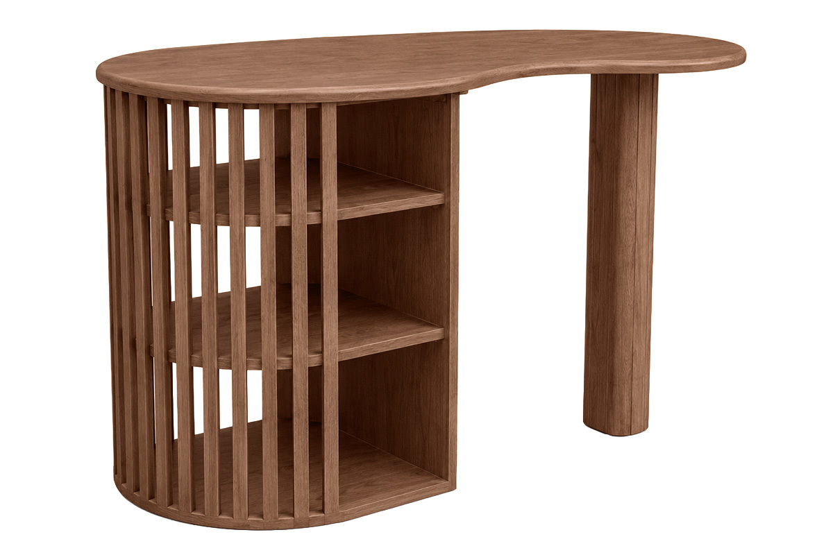Table de bar LOBIO en bois fonc� manguier massif, vue de trois quarts avec rangements int�gr�s.