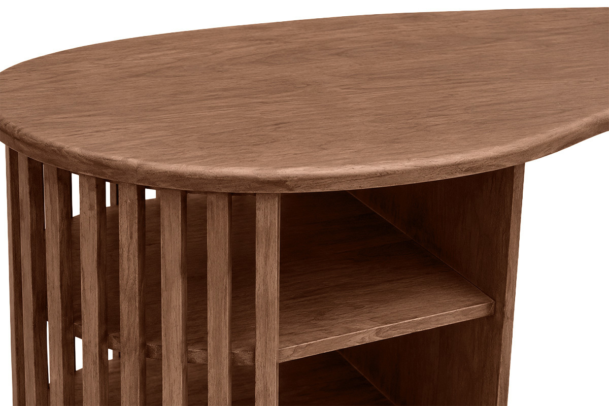 Table de bar en bois fonc� manguier massif, plateau arrondi et rangement lat�ral, vue de pr�s.