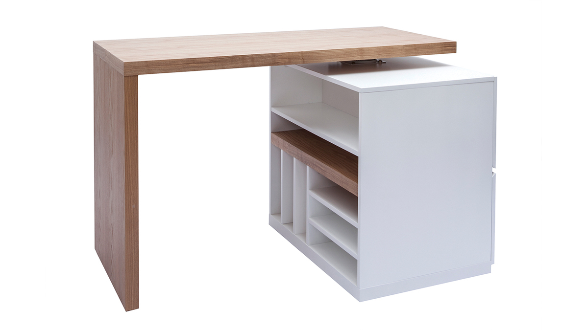 Îlot - table de bar modulable avec rangement blanc mat et bois clair chêne L140-165 cm MAX