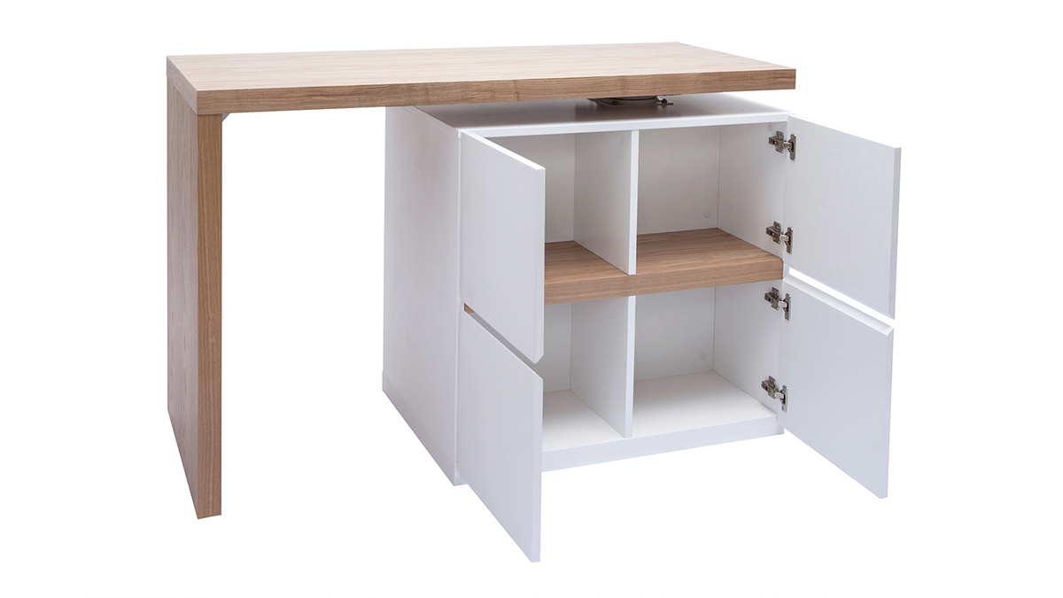 Îlot - table de bar modulable avec rangement blanc mat et bois clair chêne L140-165 cm MAX