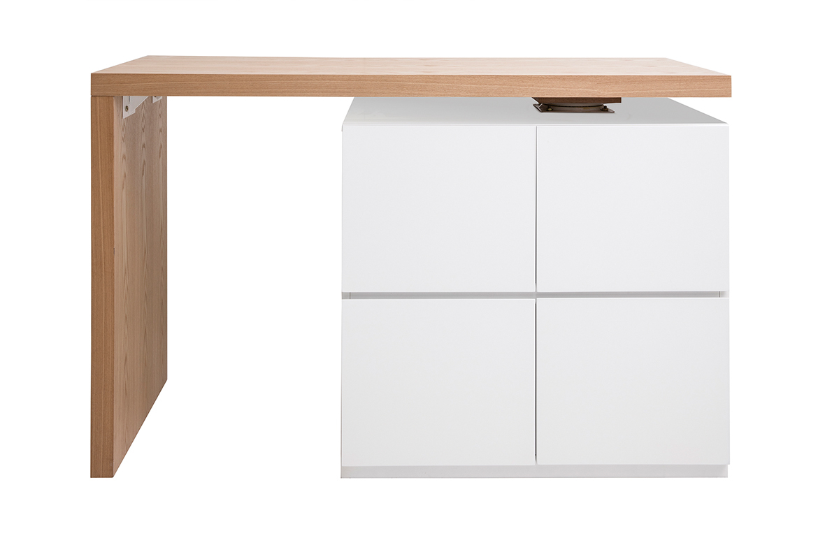�lot de bar modulable avec plateau ch�ne et rangement blanc, vue de face.