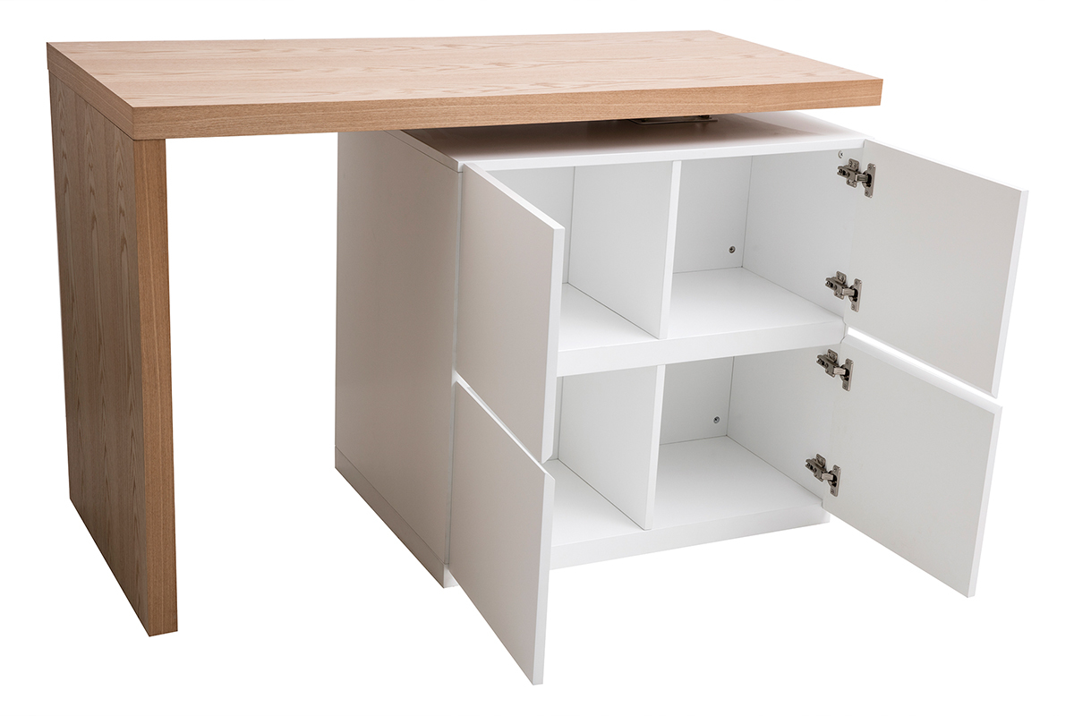 �lot de bar en bois clair et blanc avec rangement ouvert, portes ouvertes, vue d'angle.