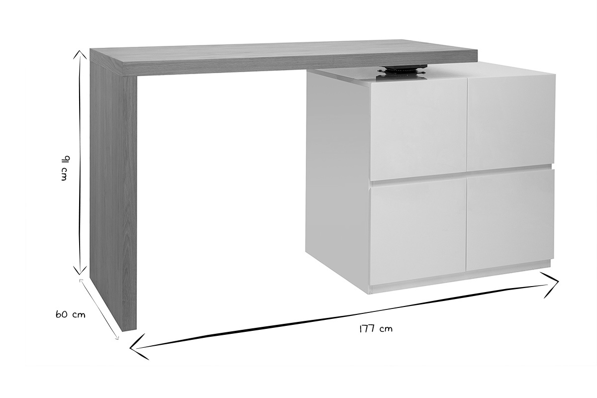 Dimensions d'un �lot modulable avec rangement, noir et blanc, 91 cm de haut, 60 cm de large, 177 cm de long.