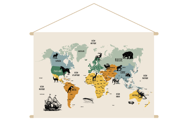 Tableau carte du monde chambre enfant Animaux