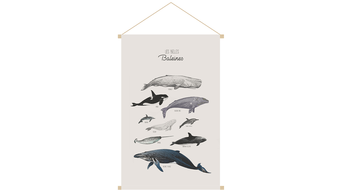 Kakemono enfant tableau en toile suspendue illustration baleines L40 x H60 cm OCEAN