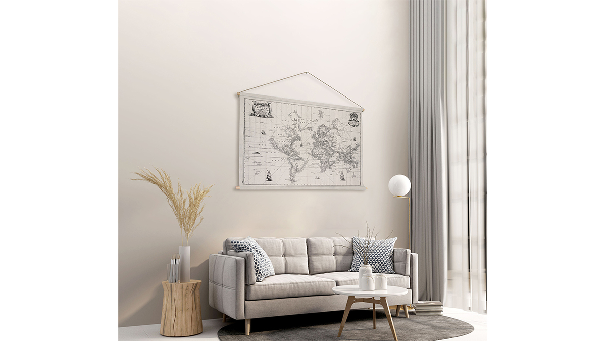 Kakemono tableau en toile suspendue carte du monde L90 x H60 cm MONDE