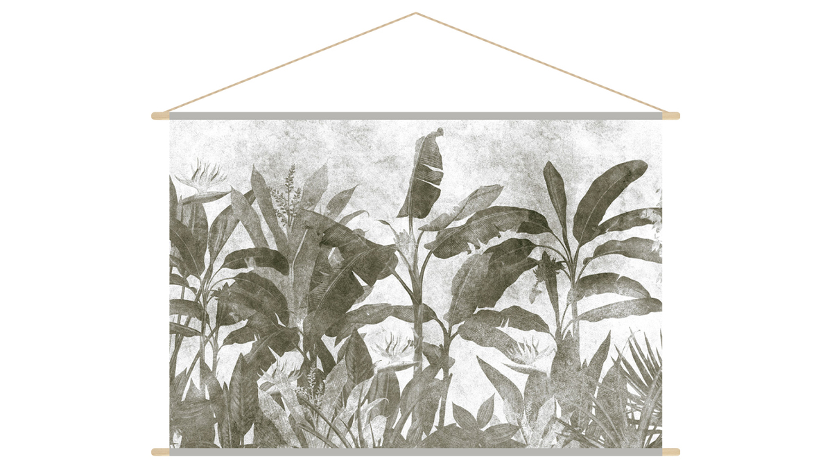 Kakemono tableau en toile suspendue feuilles tropicales noir et blanc L150 x H100 cm MACA