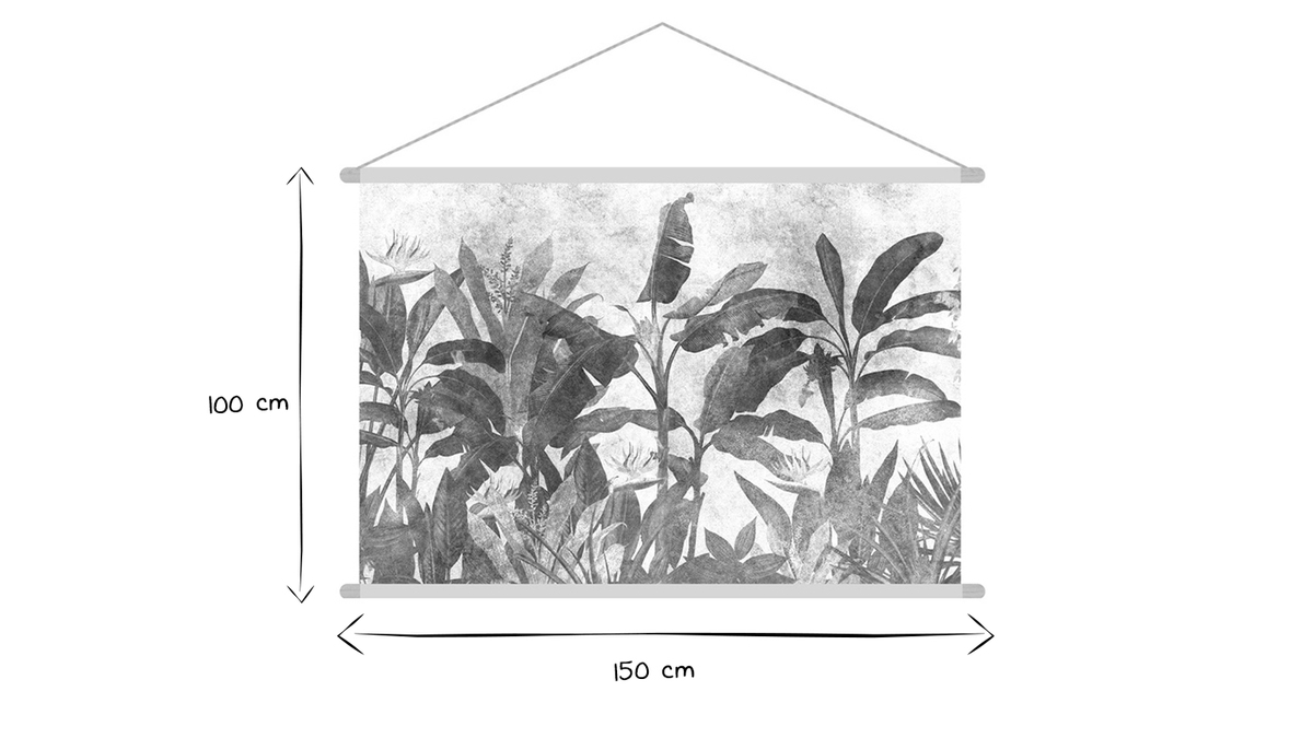 Kakemono tableau en toile suspendue feuilles tropicales noir et blanc L150 x H100 cm MACA