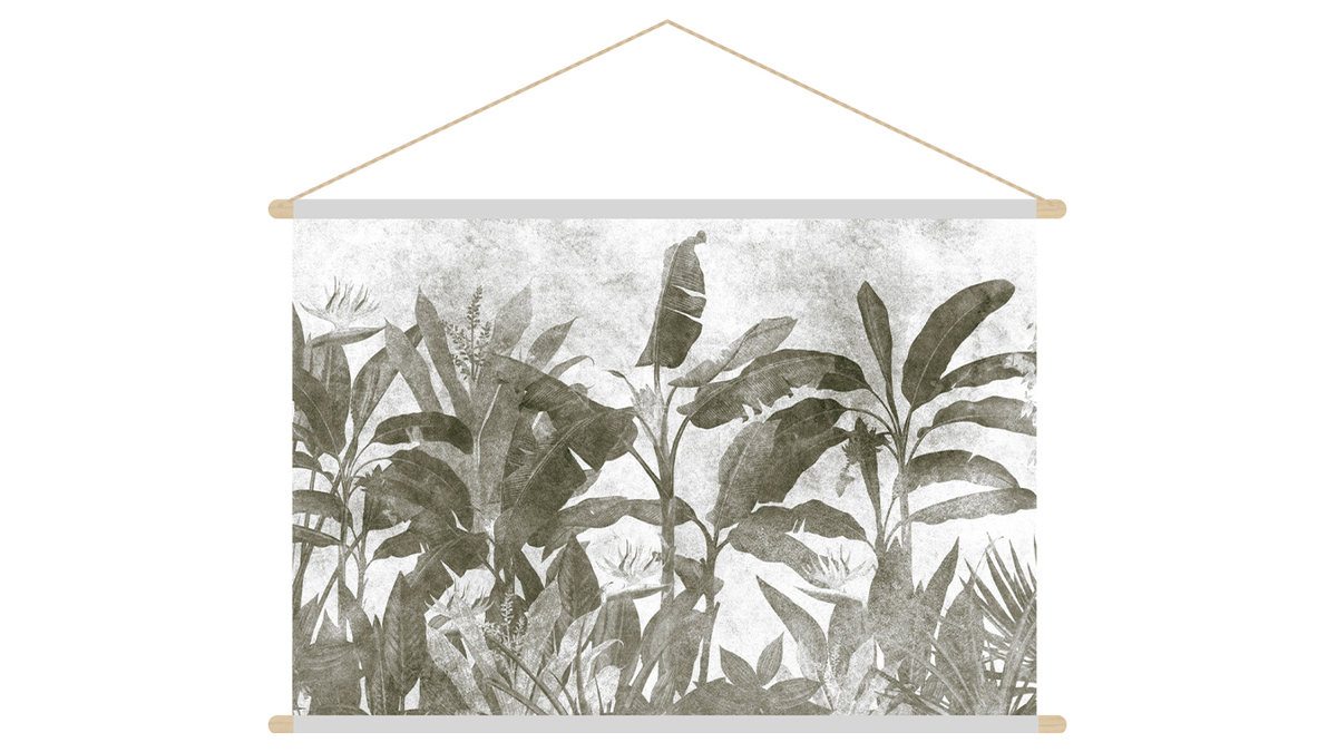 Kakemono tableau en toile suspendue feuilles tropicales noir et blanc L90 x H60 cm MACA