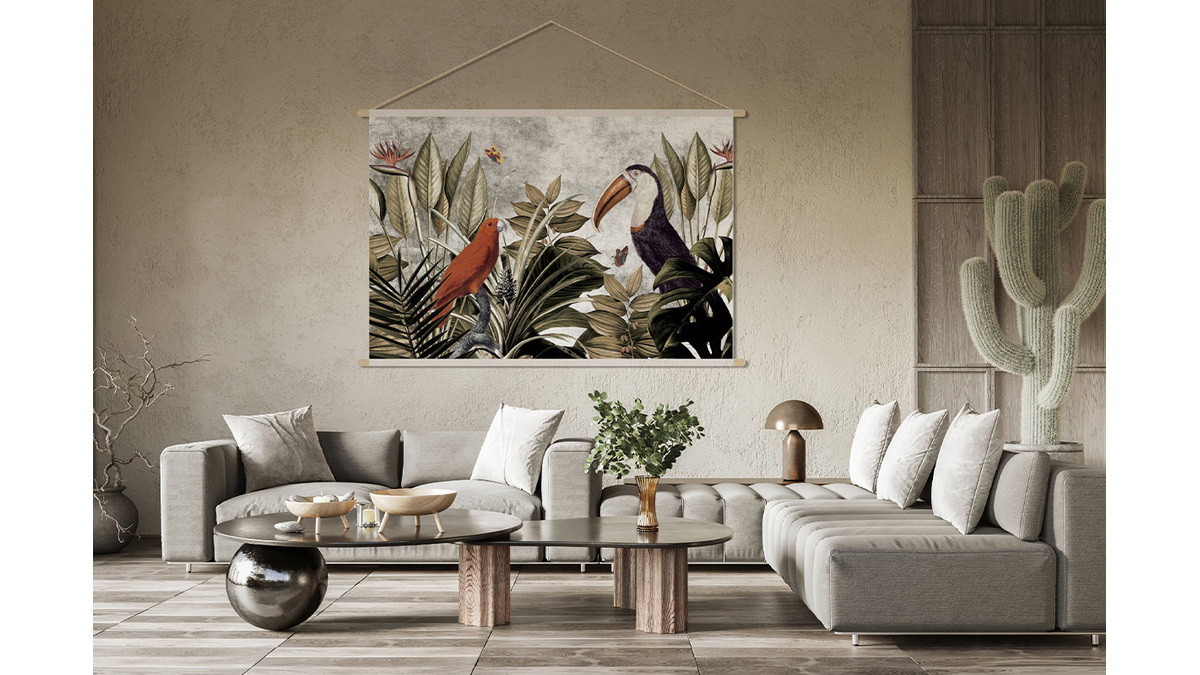 Kakemono tableau en toile suspendue jungle et oiseaux tropicaux L150 x H100 cm PASSARO