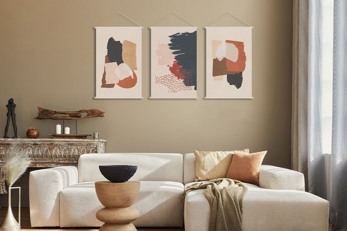 Kak�mono tableau en toile suspendue motif abstrait sur fond beige L40 x H60 cm SAFI