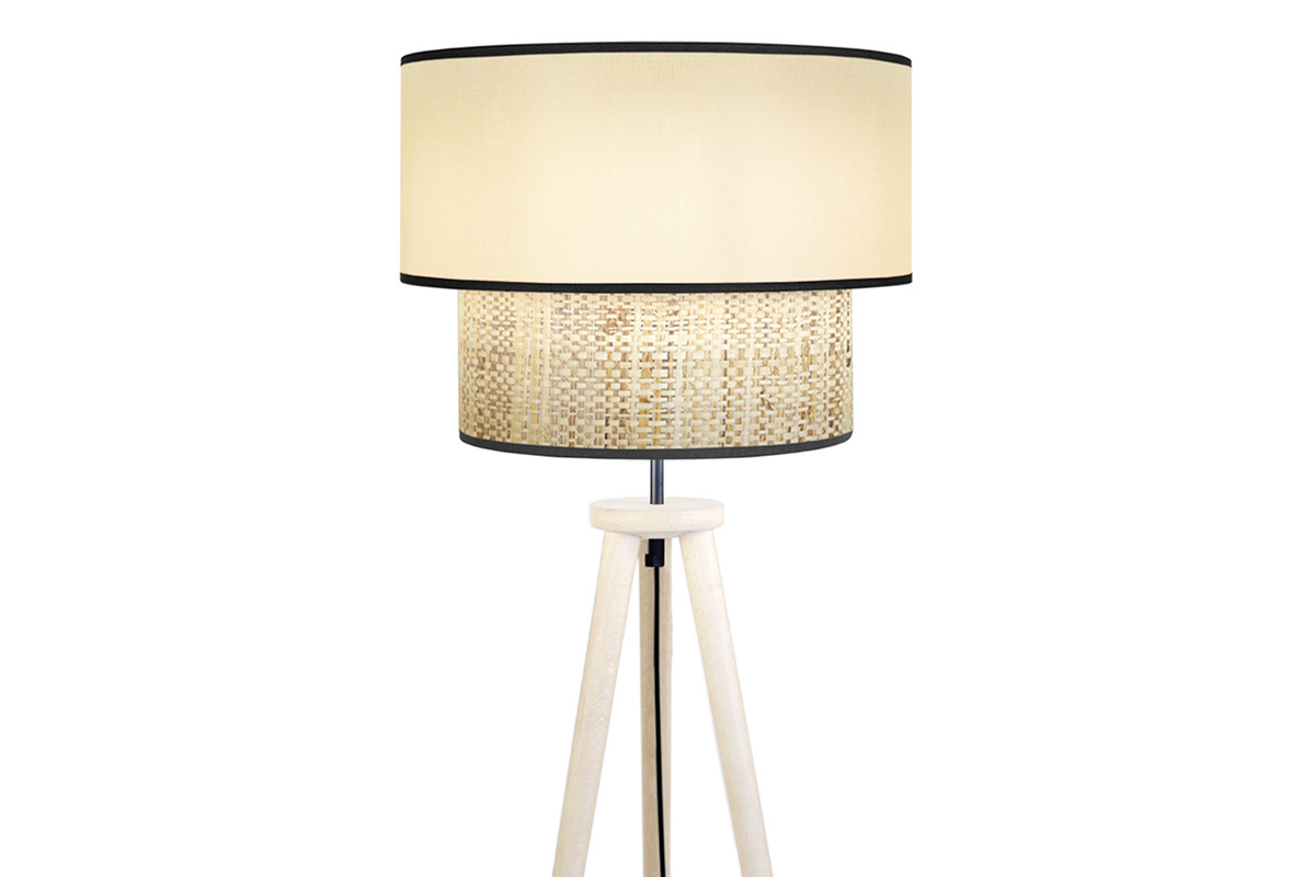 Lampadaire avec abat-jour bi-mati�re en jute naturel, tissu beige naturel et bois clair massif H162 cm CHILL