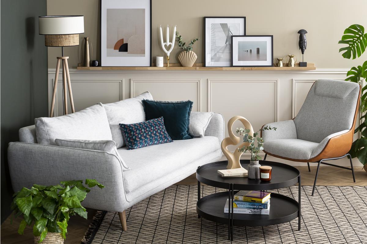 Lampadaire avec abat-jour bi-mati�re en jute naturel, tissu beige naturel et bois clair massif H162 cm CHILL