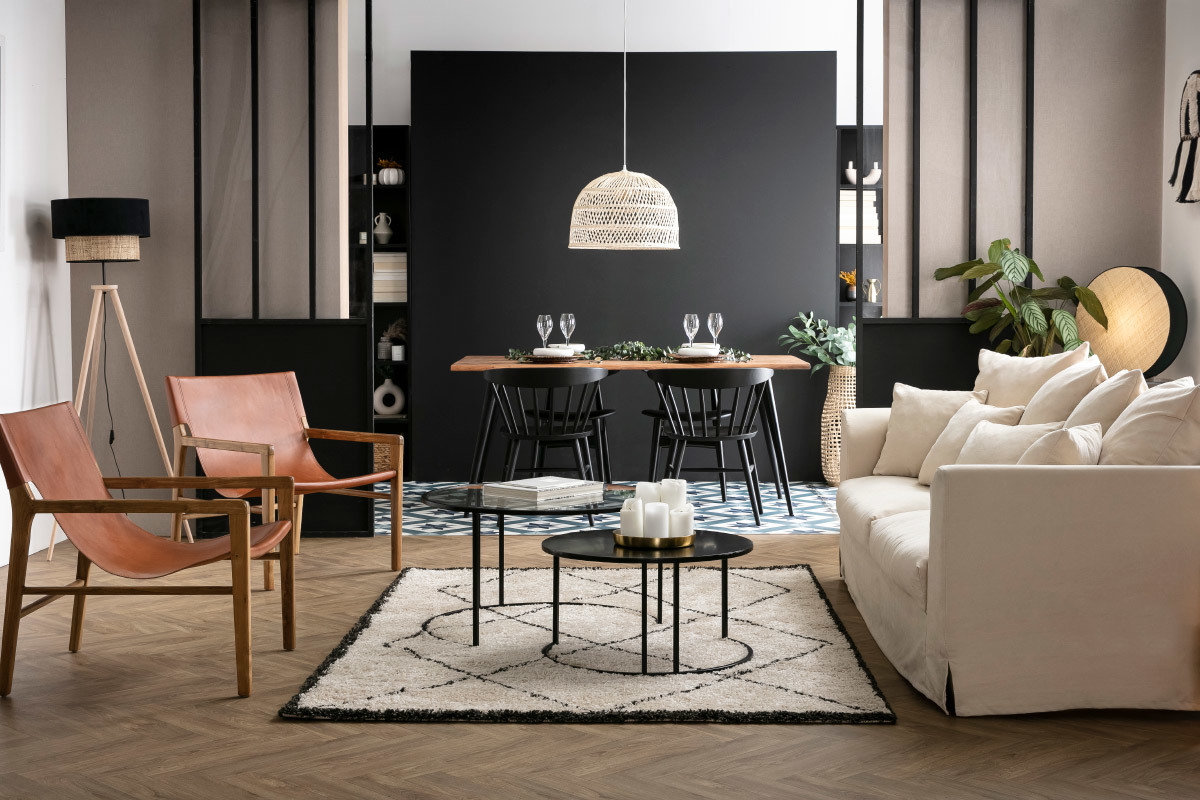 Lampadaire avec abat-jour bi-mati�re en jute naturel, velours noir et bois clair massif H162 cm CHILL