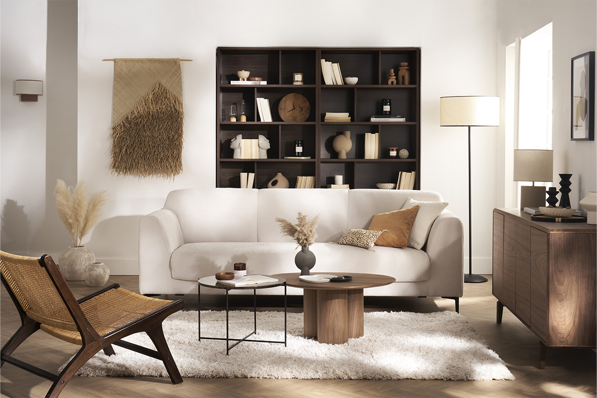 Lampadaire avec abat-jour en papier tiss� naturel et m�tal noir H160 cm ZETA