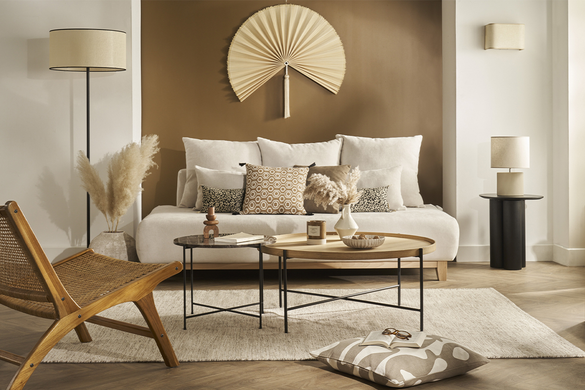 Lampadaire avec abat-jour en papier tiss� naturel et m�tal noir H160 cm ZETA