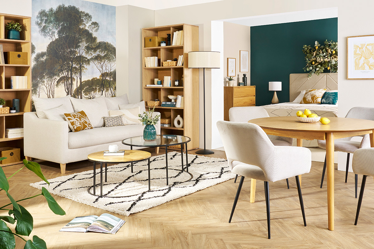 Lampadaire avec abat-jour en papier tiss� naturel et m�tal noir H160 cm ZETA