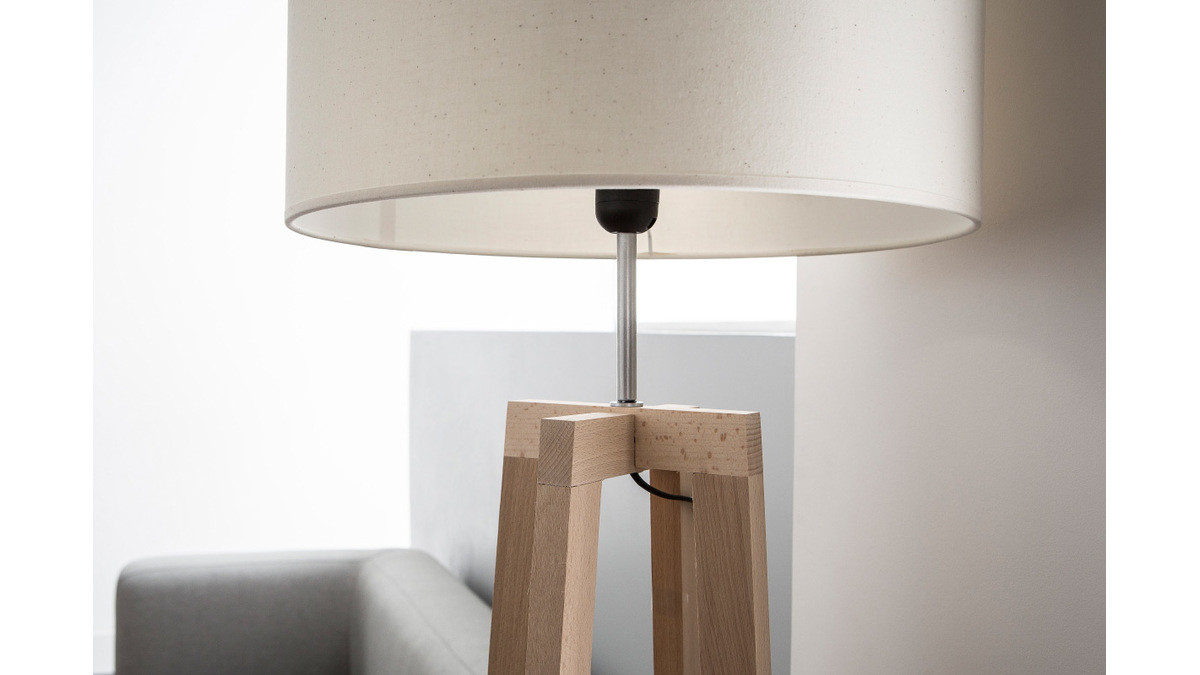 Lampadaire design avec abat-jour en tissu blanc et bois clair massif H150 cm MANON