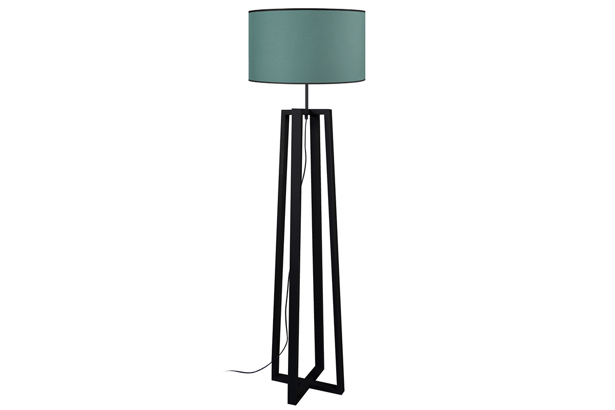 Lampadaire design avec abat-jour en tissu bleu vert c�ladon et bois noir H150 cm MANON
