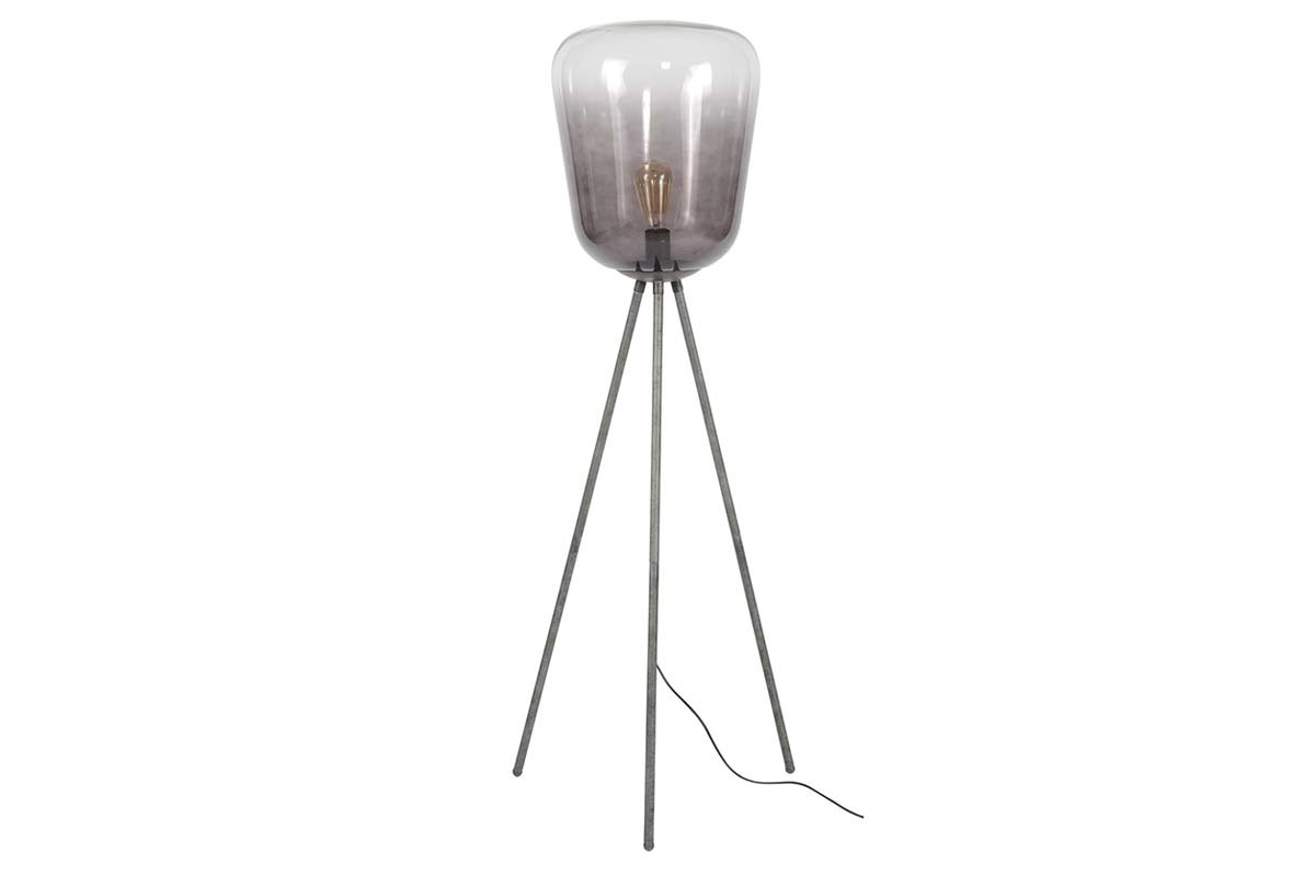 Lampadaire en m�tal finition argent ancien et globe en verre SMOKE