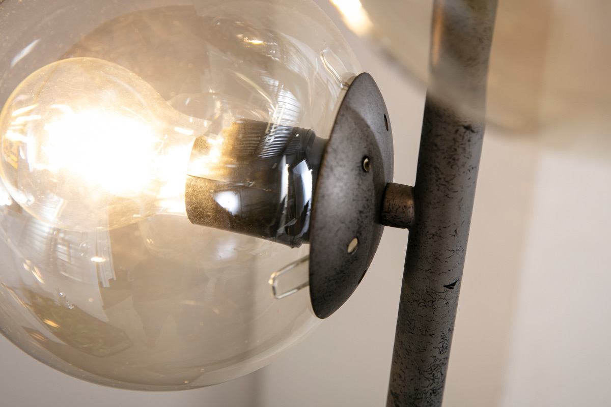 Lampadaire industriel en verre et m�tal finition argent ancien GLOB