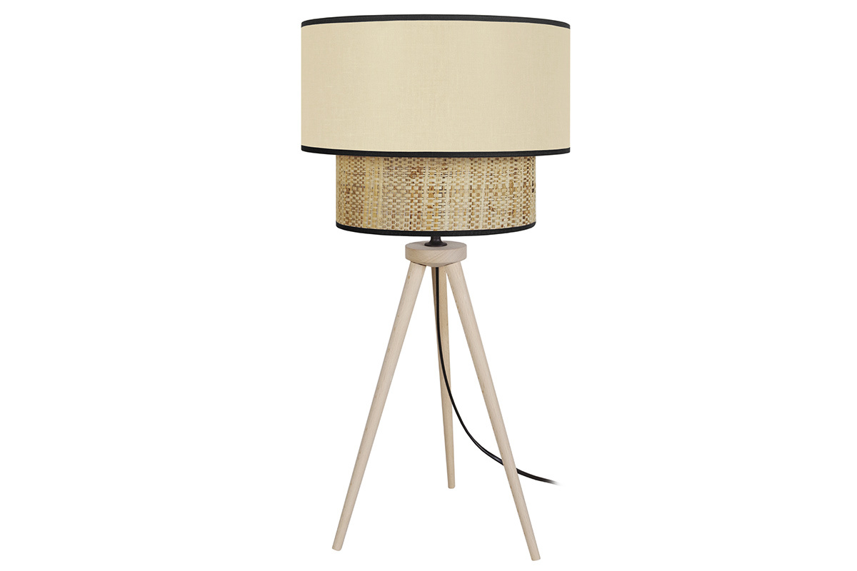 Lampe � poser bi-mati�re en toile de jute naturelle, tissu beige cr�me et bois clair H50 cm CHILL