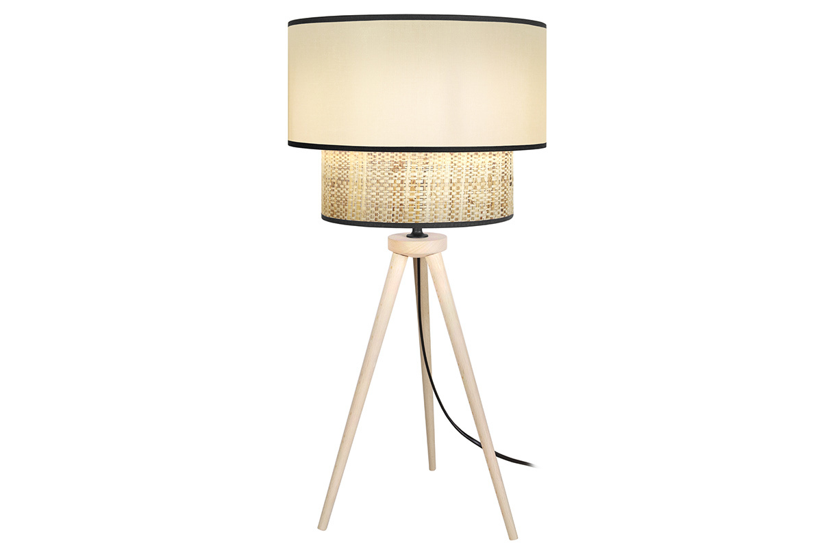 Lampe � poser bi-mati�re en toile de jute naturelle, tissu beige cr�me et bois clair H50 cm CHILL