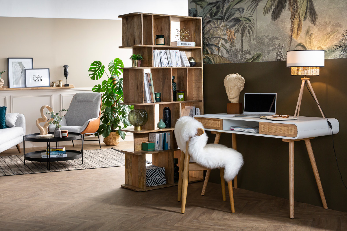 Lampe � poser bi-mati�re en toile de jute naturelle, tissu beige cr�me et bois clair H50 cm CHILL