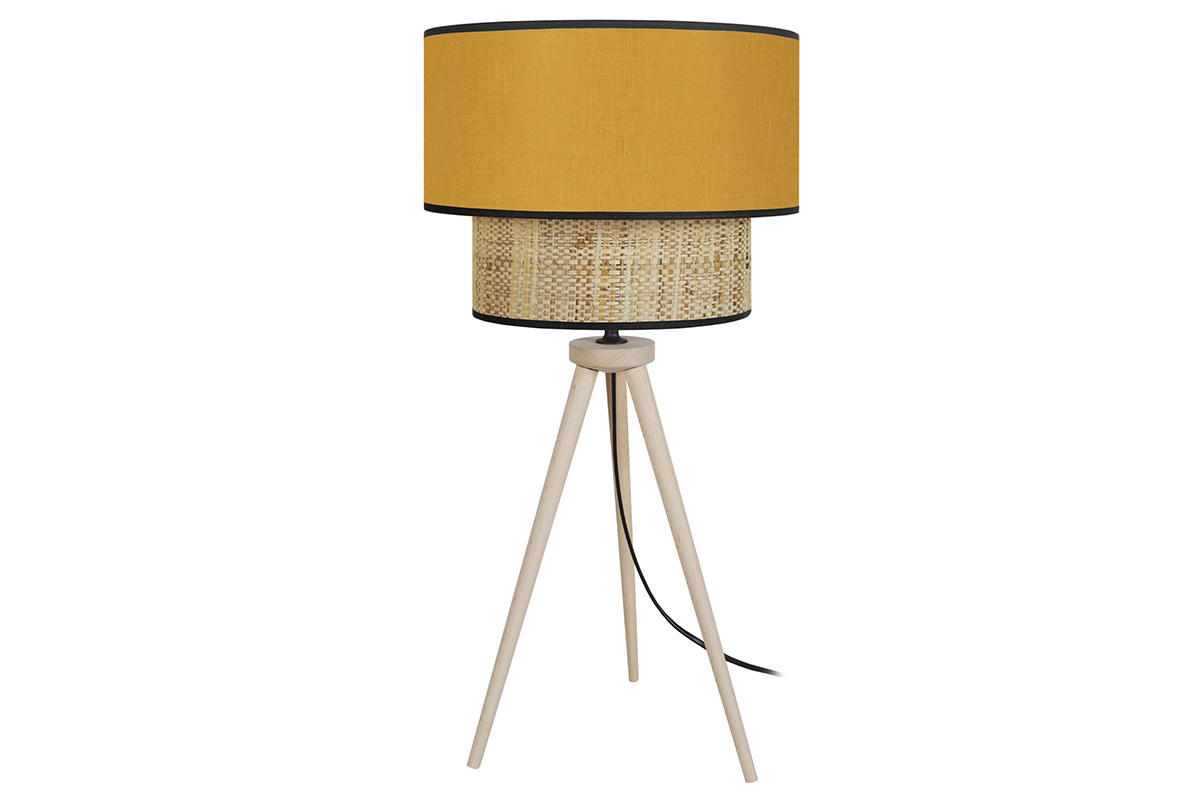 Lampe  poser bi-matire en toile de jute naturelle, tissu jaune moutarde et bois clair H50 cm CHILL