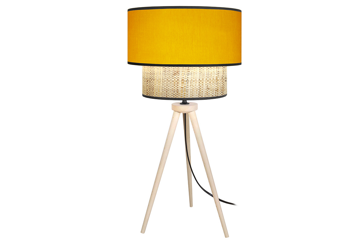Lampe  poser bi-matire en toile de jute naturelle, tissu jaune moutarde et bois clair H50 cm CHILL