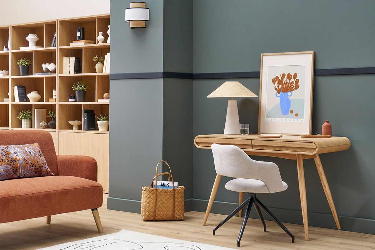 Lampe  poser blanche en cramique et abat-jour en rabane H47 cm JUNI