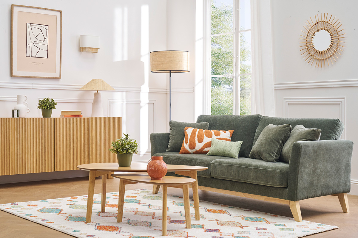 Lampe  poser blanche en cramique et abat-jour en rabane H47 cm JUNI