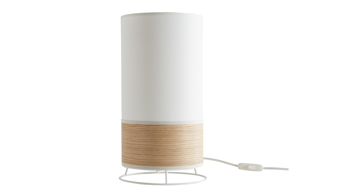 Lampe à poser cylindre en tissu coton blanc écru et feuille de bois chêne clair H38 cm SOLAR