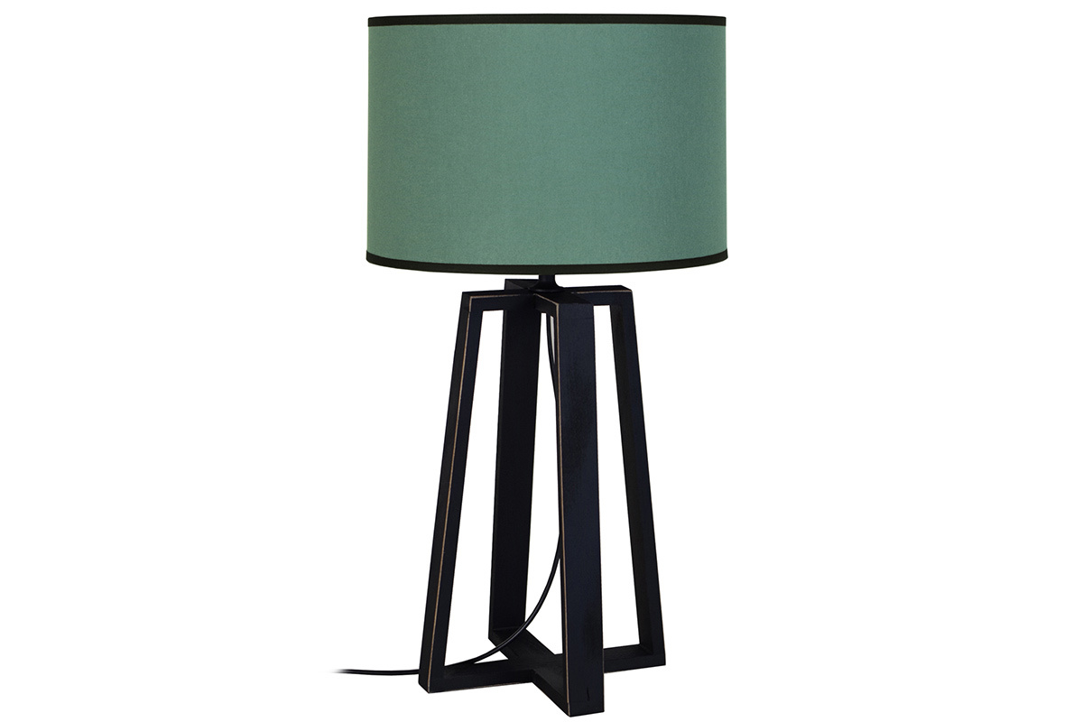 Lampe � poser design bleu gris� avec pi�tement crois� bois MANON