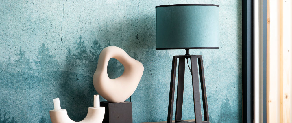 Lampe à poser design bleu grisé avec piètement croisé bois MANON